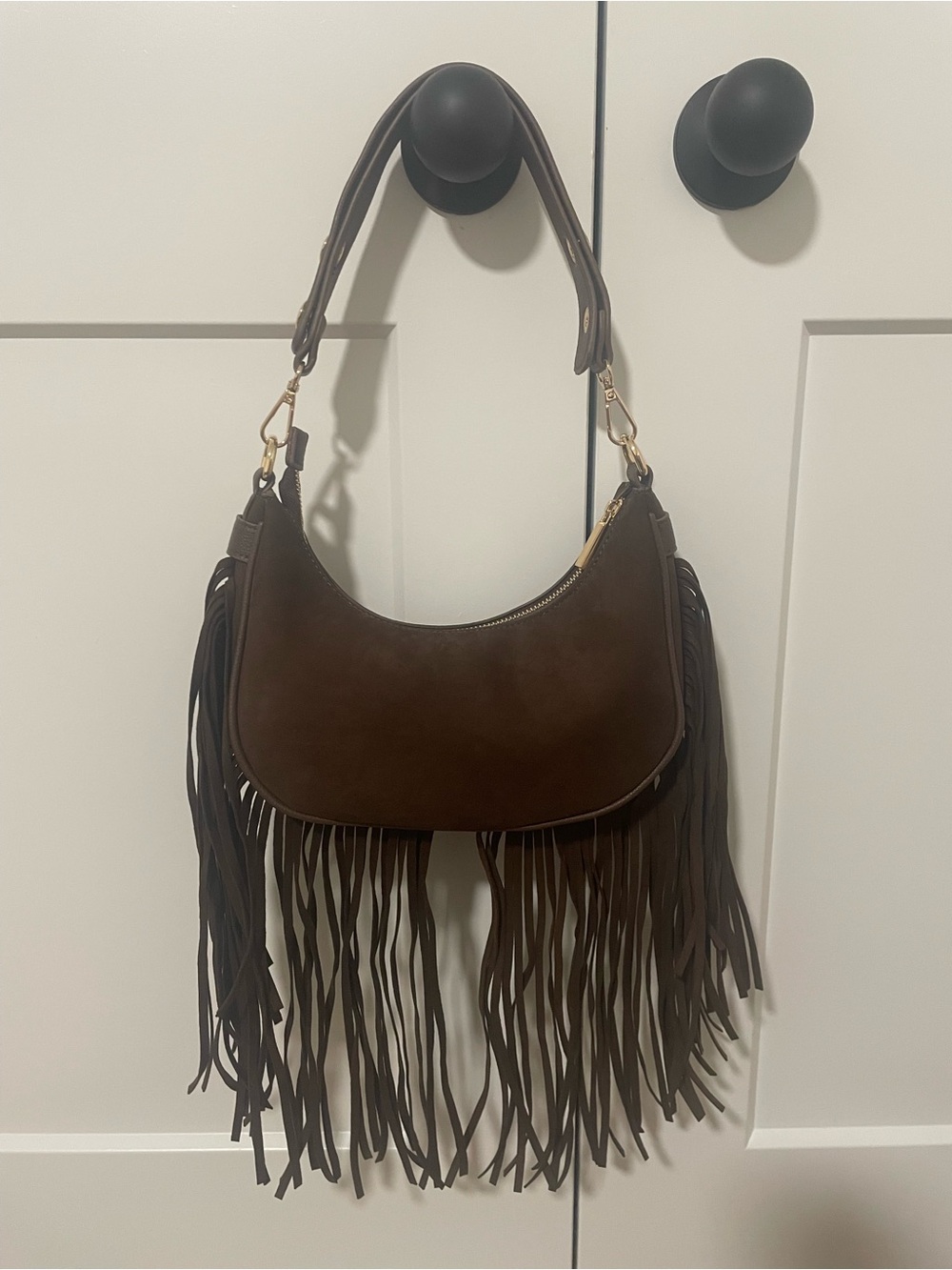 Fringed Shoulder Hobo Bag in Dark Brown - Picture 1 of 6